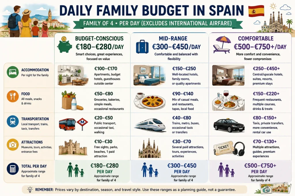 Daily Spain travel budget comparison for a family of four across budget-conscious, mid-range, and comfortable travel styles