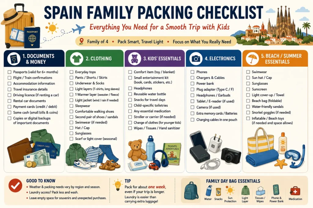 Spain family packing checklist covering documents, clothing, kids essentials, electronics, and beach gear
