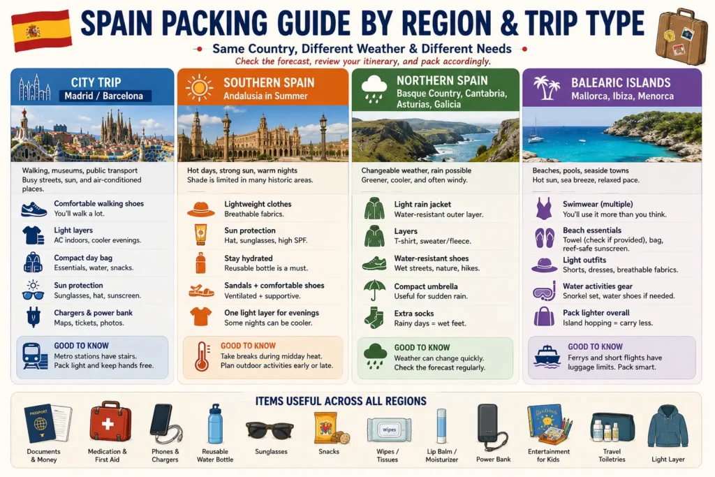 Spain packing guide comparing city trips, Southern Spain, Northern Spain, and Balearic Islands family travel