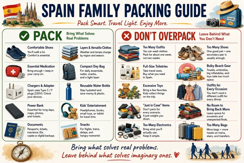 Family packing infographic showing essential items to bring to Spain and unnecessary items families can leave at home