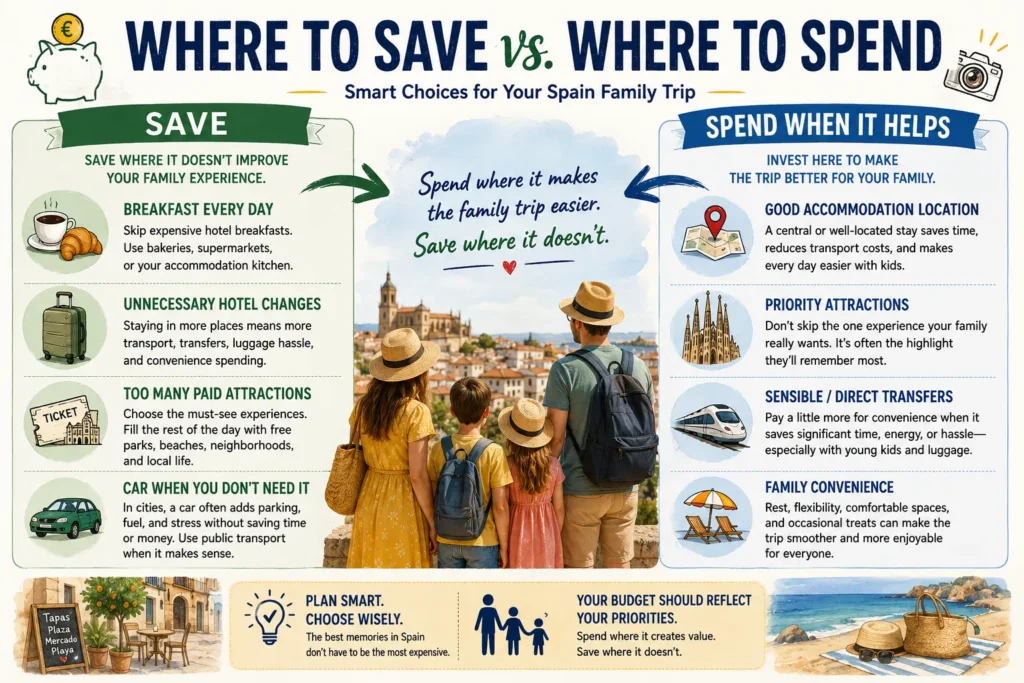 Family travel infographic showing where to save money and where spending more can improve a Spain trip with kids