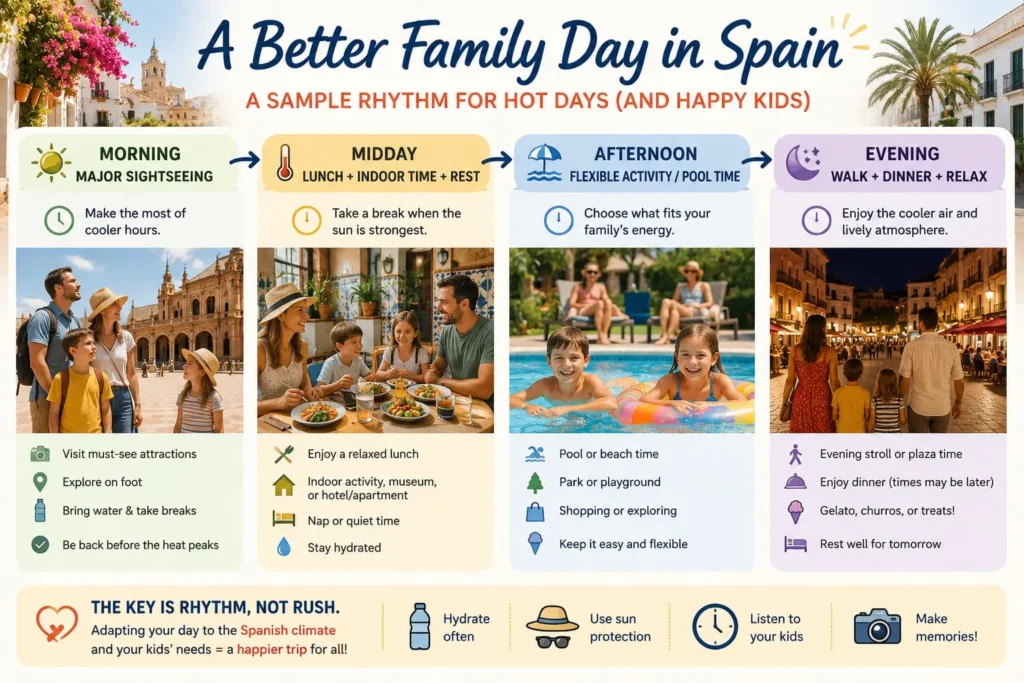 Family itinerary for a hot day in Spain with morning sightseeing, midday rest, flexible afternoon activities, and an evening walk