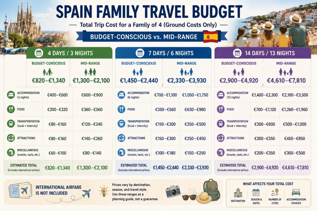 Estimated Spain family travel costs for four-day, seven-day, and two-week trips for a family of four