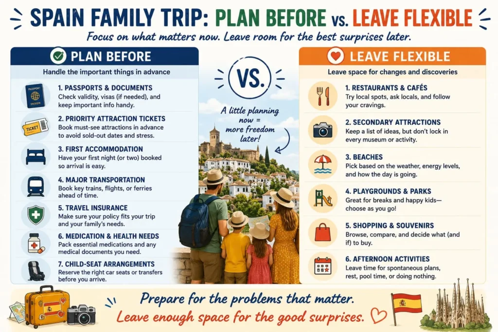 Spain family travel infographic showing what parents should plan before departure and what can remain flexible during the trip
