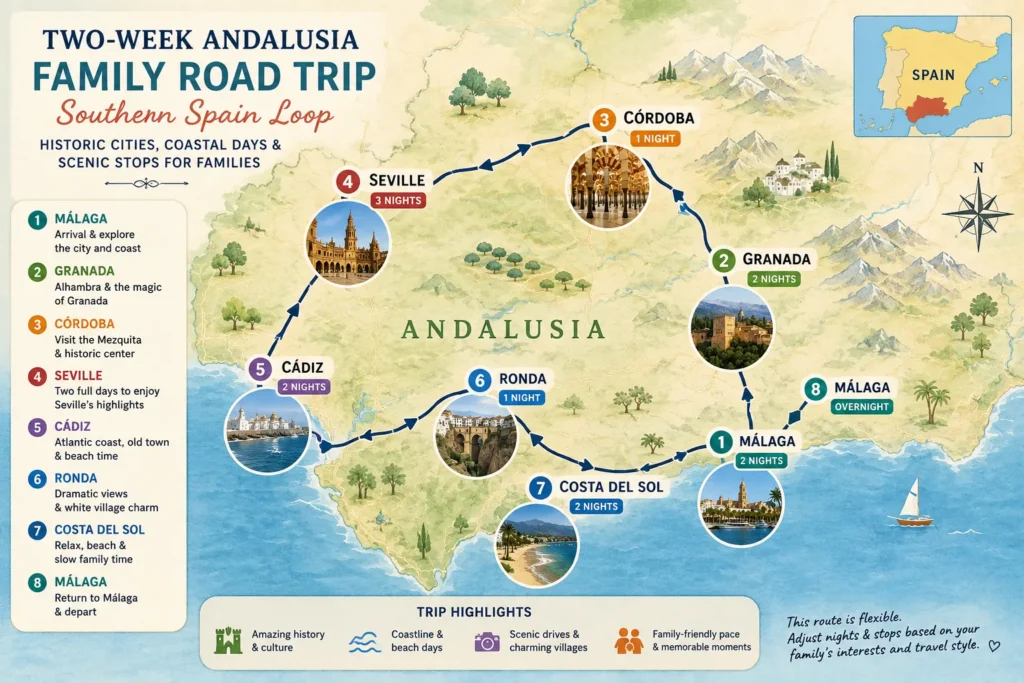 Map of a two-week Southern Spain family itinerary from Málaga through Granada, Córdoba, Seville, Cádiz, Ronda, and the Costa del Sol