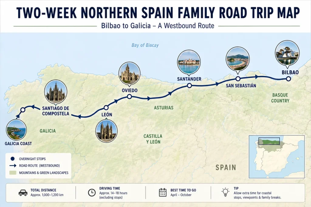 Northern Spain family road trip map from Bilbao through San Sebastián, Santander, Asturias, León, and Santiago de Compostela to Galicia