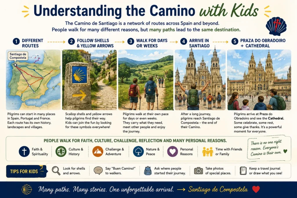 Camino de Santiago with kids infographic explaining different pilgrimage routes scallop shells yellow arrows walking and arrival in Santiago