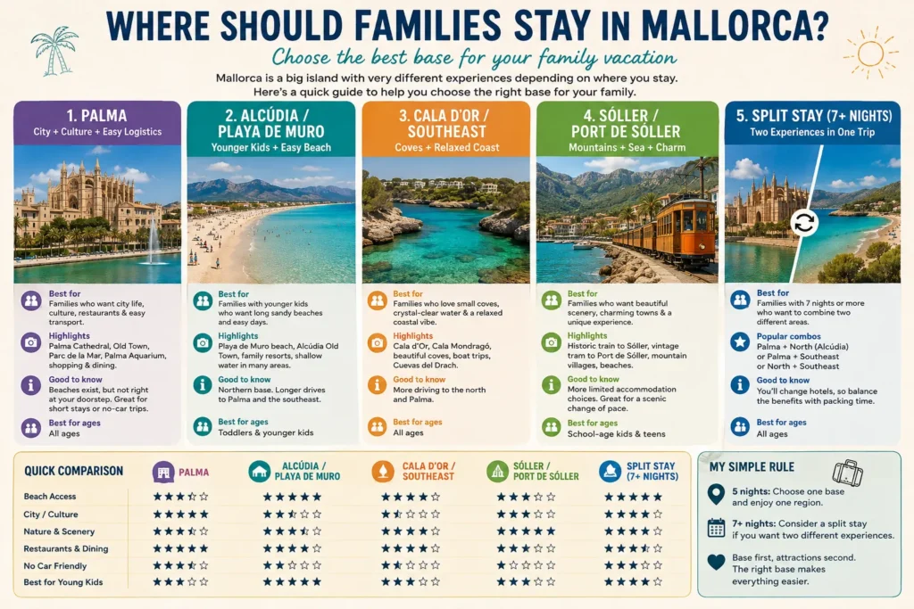 Where to stay in Mallorca with kids comparing Palma Alcudia Playa de Muro Cala d'Or Soller and split stay options