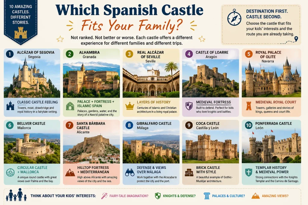 Comparison of ten castles and fortified palaces in Spain including Segovia, Alhambra, Seville, Loarre, Olite, Bellver and Ponferrada