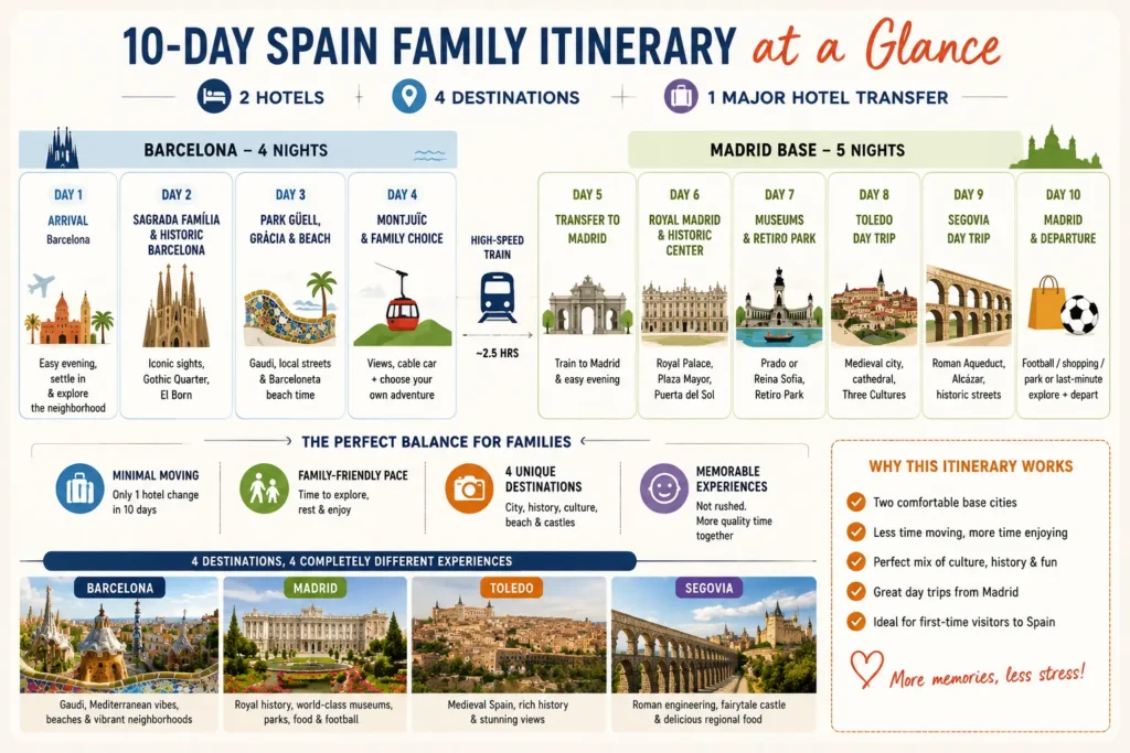10-day Spain family itinerary with four nights in Barcelona and five nights in Madrid including Toledo and Segovia day trips