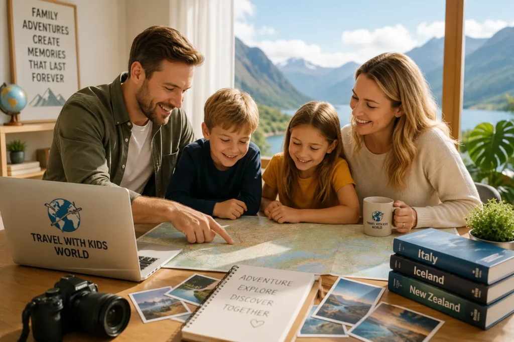 A smiling family of four planning their next vacation together around a map with travel books, a laptop, and mountain scenery in the background.
