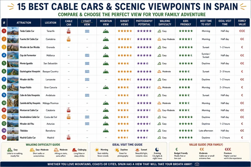 Comparison chart of Spain's best cable cars and scenic viewpoints based on scenery, accessibility, photography, walking difficulty, family friendliness and ideal visit time.