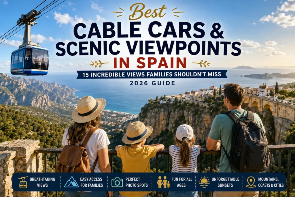 Family enjoying breathtaking panoramic views from one of Spain's most scenic cable cars overlooking mountains, coastlines and historic towns.