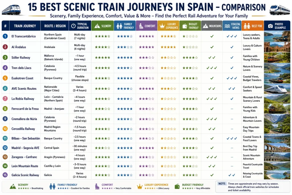 Comparison chart of Spain's best scenic train journeys by scenery, comfort, family friendliness, photography, luxury, budget and trip duration.