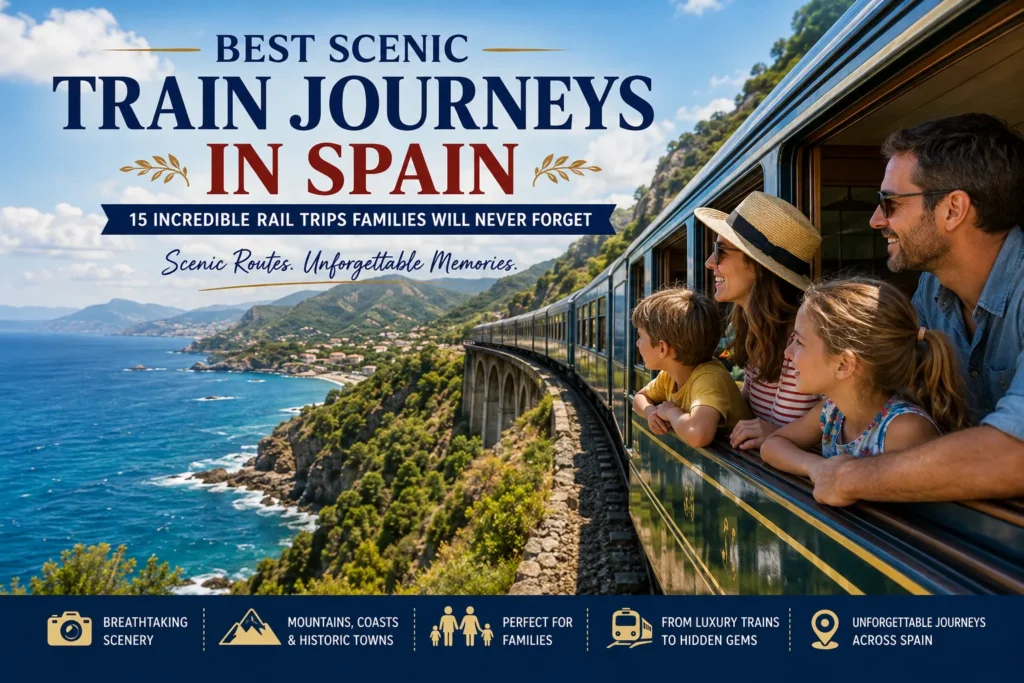 Family enjoying one of Spain's most scenic train journeys along dramatic coastlines, mountains and historic railways.