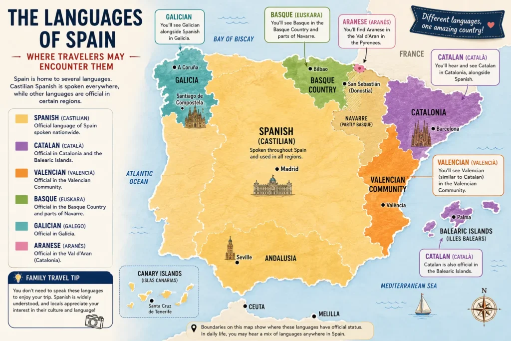 Map showing where travelers may encounter Spanish, Catalan, Valencian, Basque, Galician, and Aranese in Spain
