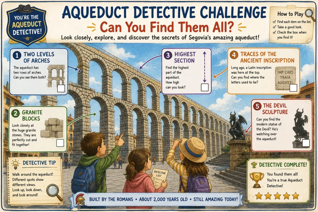 Kids activity challenge for finding arches, granite blocks, the highest section, inscription traces and the Devil sculpture at Segovia's aqueduct