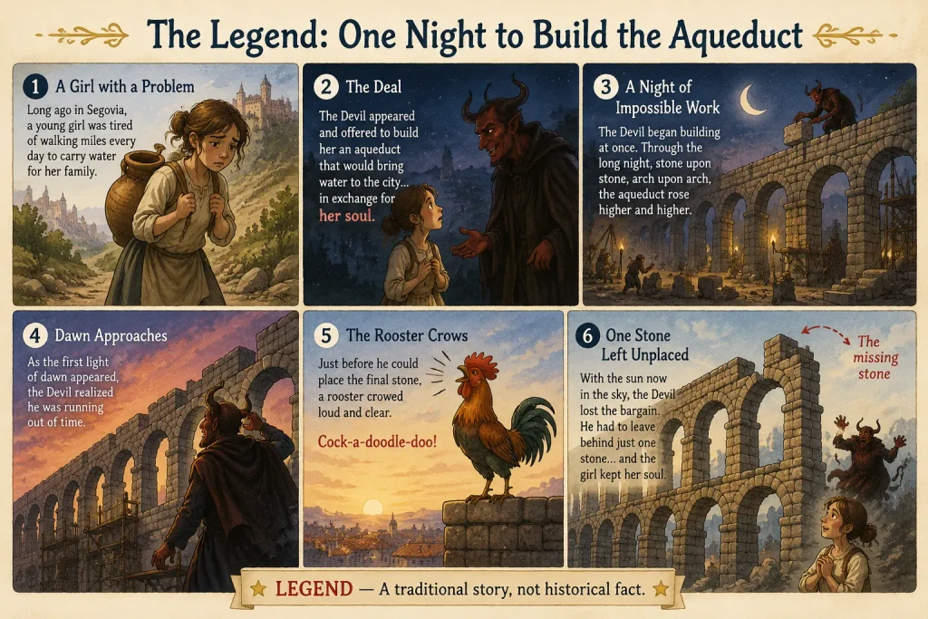 Illustrated story of the traditional Segovia legend in which the Devil tries to build the aqueduct in one night before a rooster crows at dawn