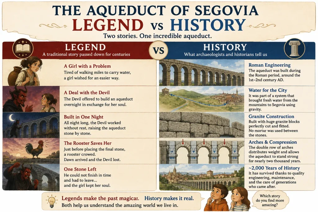 Educational comparison between the Devil legend of Segovia's aqueduct and the real Roman engineering history behind the monument
