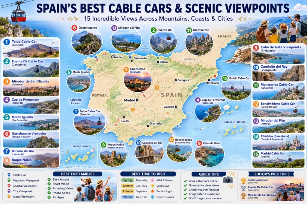 Illustrated map showing Spain's top cable cars and scenic viewpoints, including Teide, Fuente Dé, Gaztelugatxe, Montserrat, Cap de Formentor, Mirador de San Nicolás and Roque Nublo.
