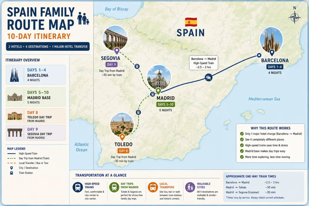 Spain family route map from Barcelona to Madrid with Toledo and Segovia day trips