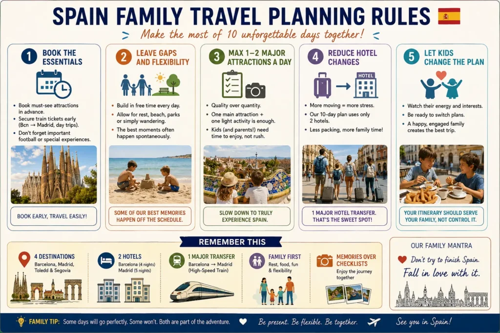Spain family travel planning rules including fewer hotel changes flexible days advance booking and child-friendly pacing