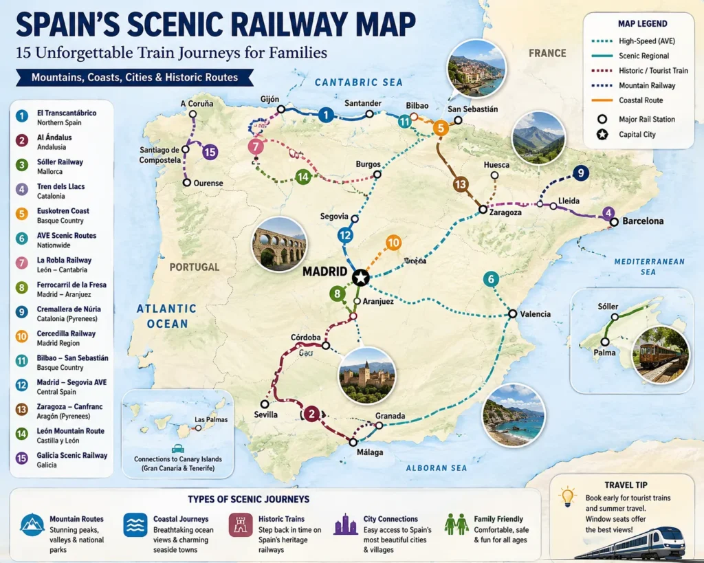 Illustrated map showing Spain's most scenic railway routes, including El Transcantábrico, Al Ándalus, Sóller Railway, Tren dels Llacs, Euskotren and AVE scenic routes.