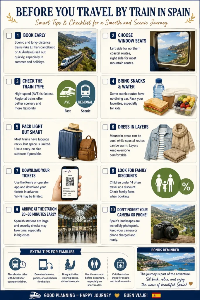 Essential checklist for families travelling by train in Spain, including booking early, choosing window seats, packing snacks, downloading tickets, family discounts and station tips.