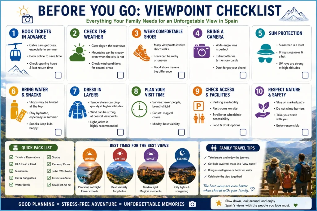 Essential checklist for families visiting Spain's scenic viewpoints, including weather checks, cable car tickets, comfortable shoes, water, camera, parking and sunset planning.