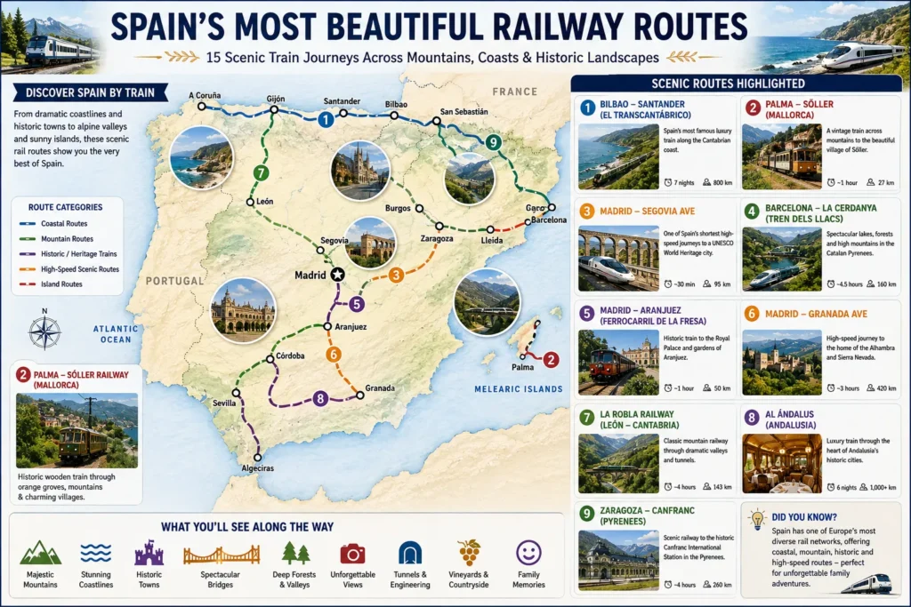 Illustrated guide to Spain's most beautiful railway routes across mountains, coastlines, historic towns and countryside, highlighting family-friendly scenic train adventures.