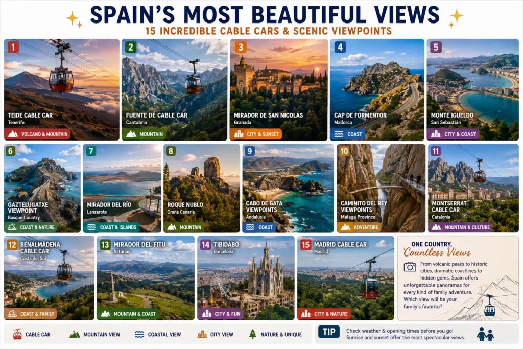 Showcase of Spain's most beautiful panoramic viewpoints, featuring volcanic peaks, dramatic coastlines, mountain landscapes and historic city overlooks.
