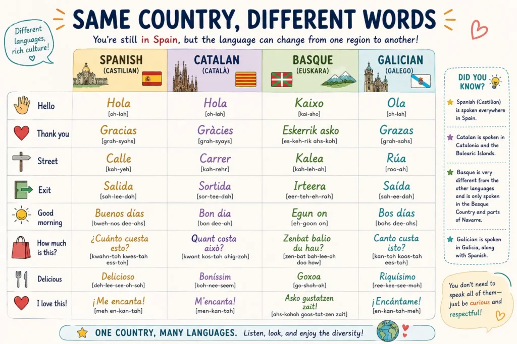 Comparison of common words in Spanish, Catalan, Basque, and Galician including hello, thank you, street, and exit