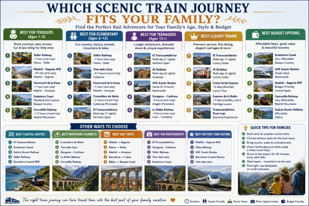 Family travel guide recommending Spain's scenic train journeys by children's ages, luxury, budget, photography, coastal routes and mountain adventures.