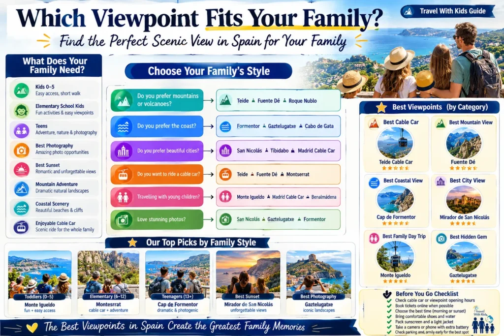 Family guide recommending Spain's best scenic viewpoints and cable cars by children's ages, photography, sunset views, coastal scenery and mountain adventures.