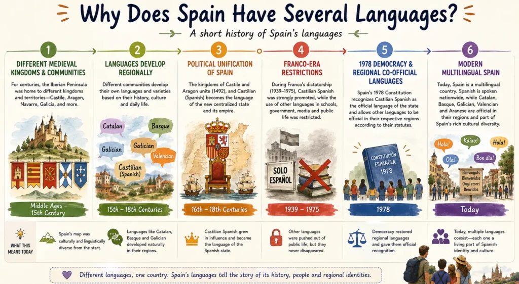 Timeline explaining how medieval kingdoms, regional languages, Franco-era restrictions, and democracy shaped multilingual Spain