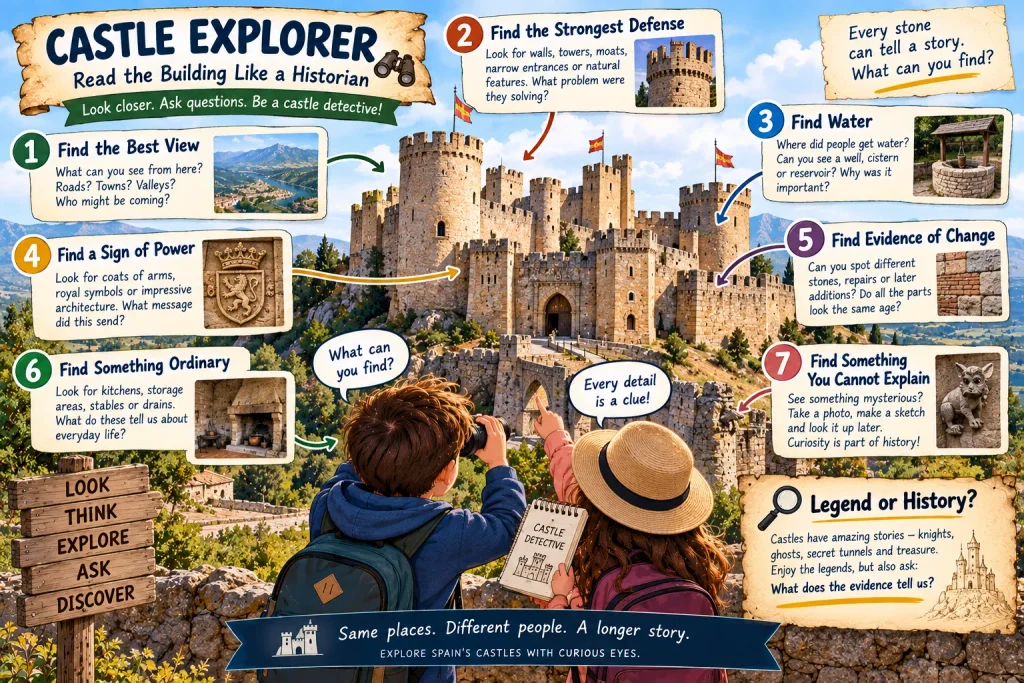 Castle history activity for kids looking for defenses, water, symbols of power, repairs, everyday spaces and historical clues