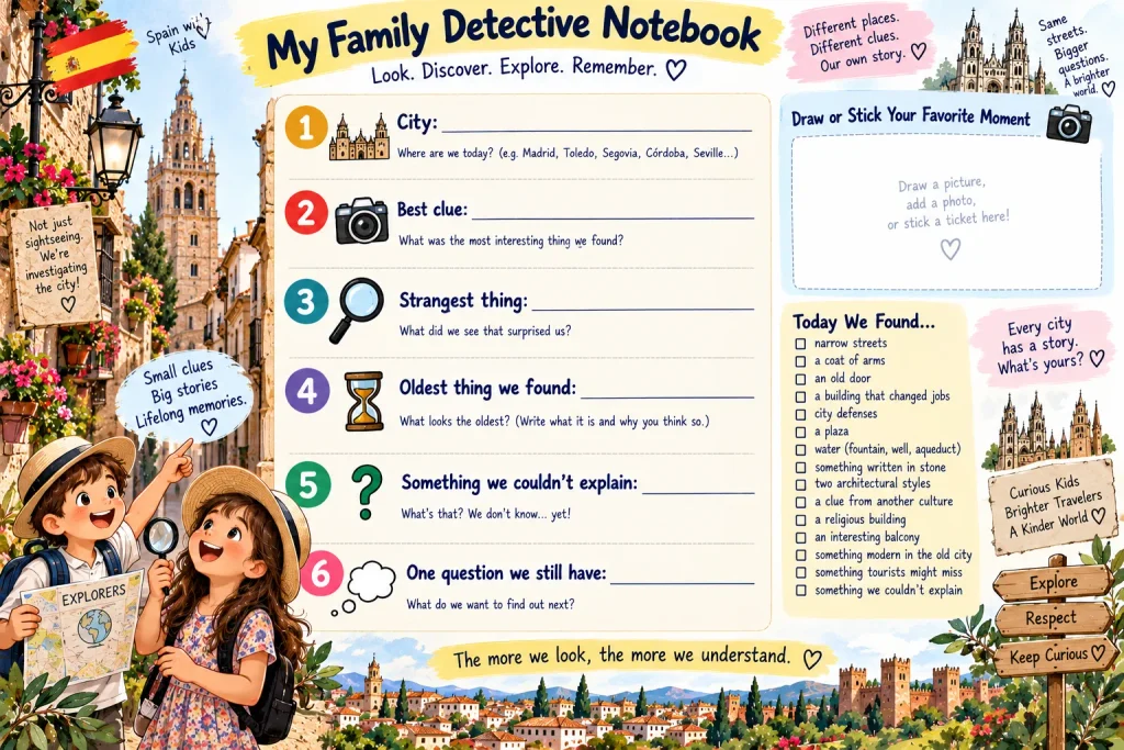 Printable-style family travel activity sheet for kids recording discoveries while exploring historic cities in Spain