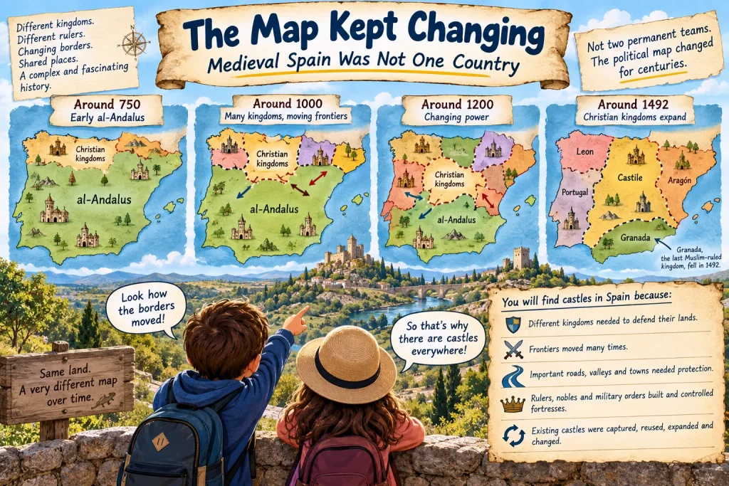 Illustration for kids showing how political territories and frontiers changed across medieval Iberia and why castles became important