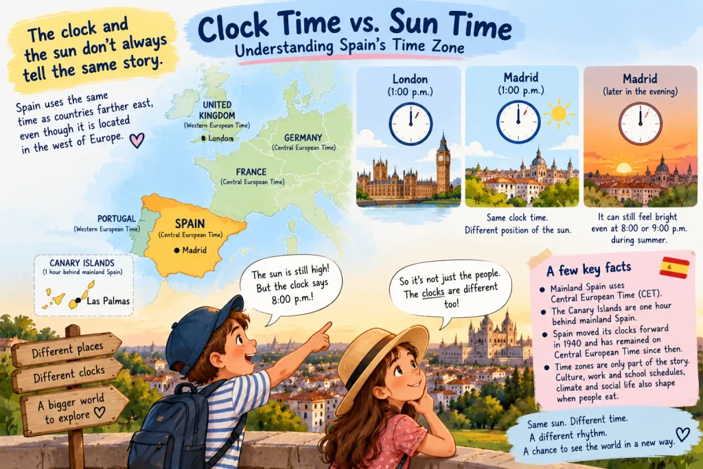 Kids infographic explaining mainland Spain's Central European Time, the Canary Islands time difference and the relationship between clock time and sunlight