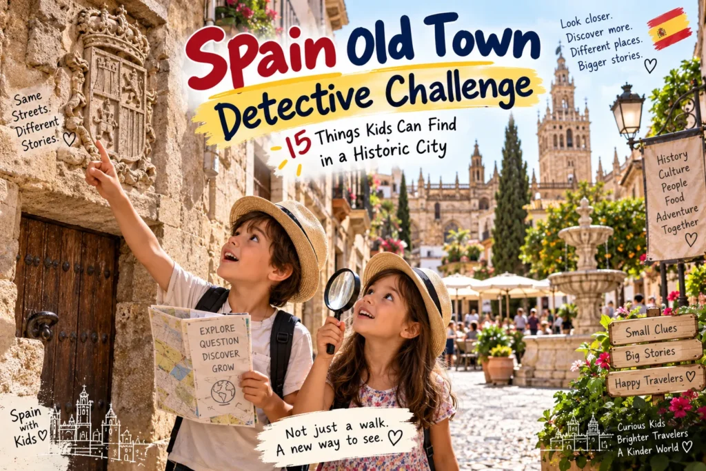 Kids exploring a historic Spanish old town with a map and magnifying glass during a family detective challenge
