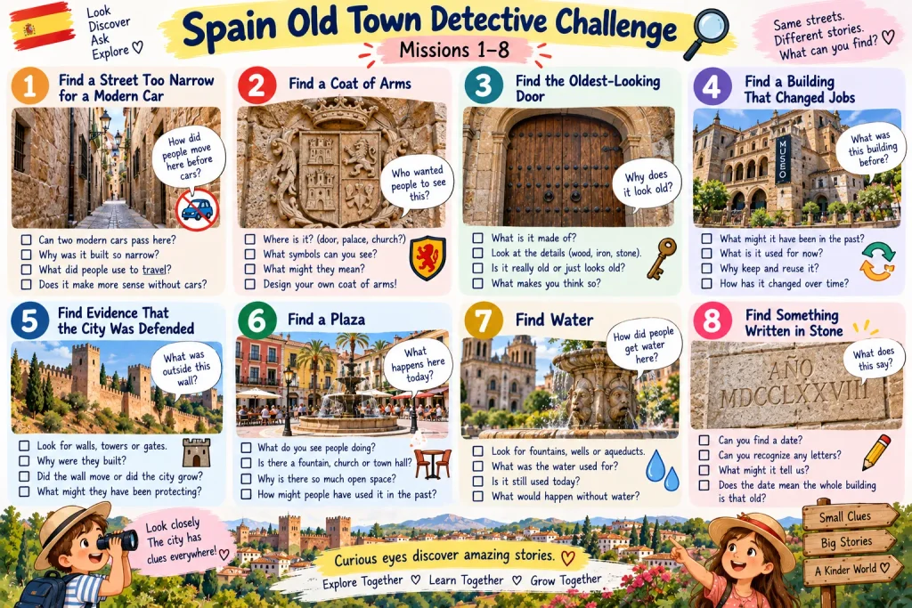 Kids old town scavenger hunt in Spain featuring narrow streets, coats of arms, old doors, city walls, plazas, fountains and inscriptions