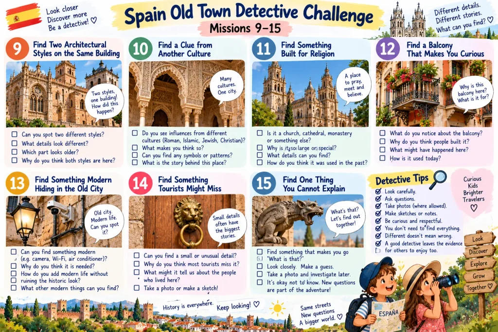 Historic city detective activity for kids finding architecture, cultural influences, religious buildings, balconies and hidden details in Spain