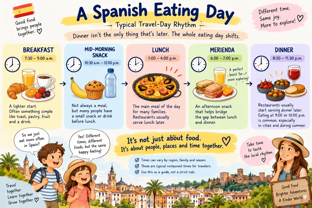 Illustrated guide showing a typical Spanish travel-day eating rhythm from breakfast and lunch to merienda and later dinner