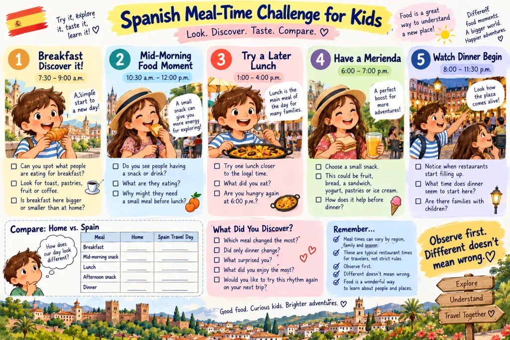 Family travel activity for kids comparing breakfast, lunch, merienda and dinner times while visiting Spain