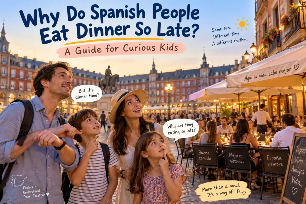 Family exploring a lively Spanish plaza in the evening while children wonder why dinner starts later in Spain