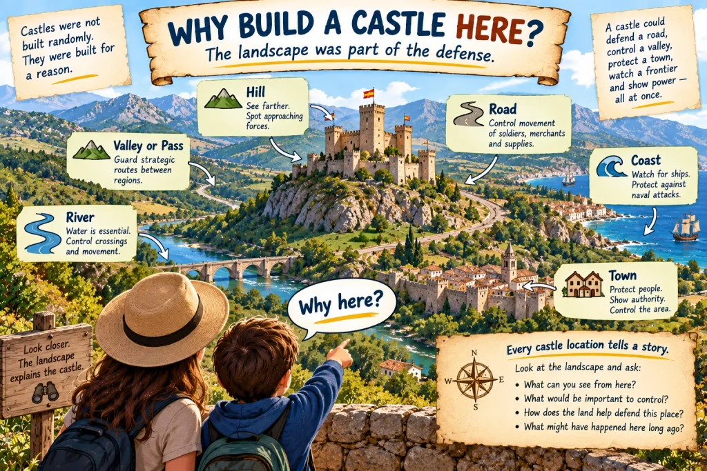 Kids history guide showing how hills, roads, valleys, rivers, towns and coasts influenced where castles were built