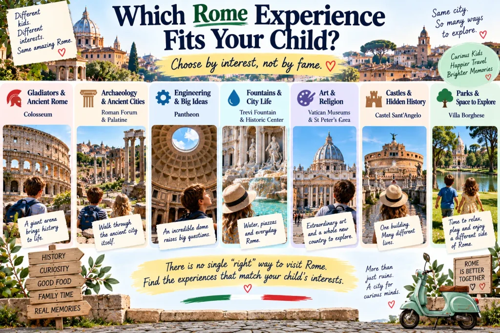Rome family travel guide matching children's interests with the Colosseum, Roman Forum, Pantheon, Vatican, Castel Sant'Angelo and Villa Borghese