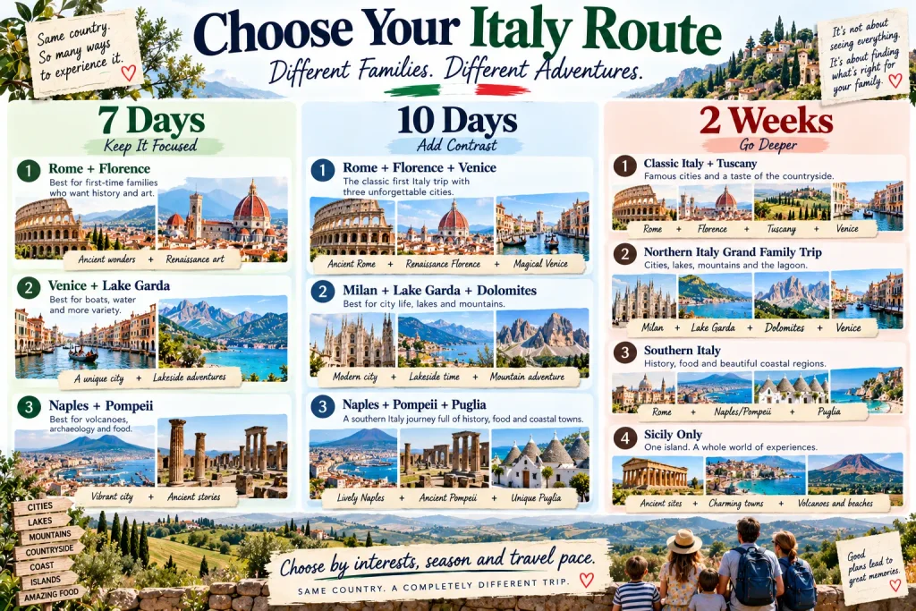 Italy family itinerary ideas for seven days, ten days and two weeks including classic, northern, southern and Sicily routes