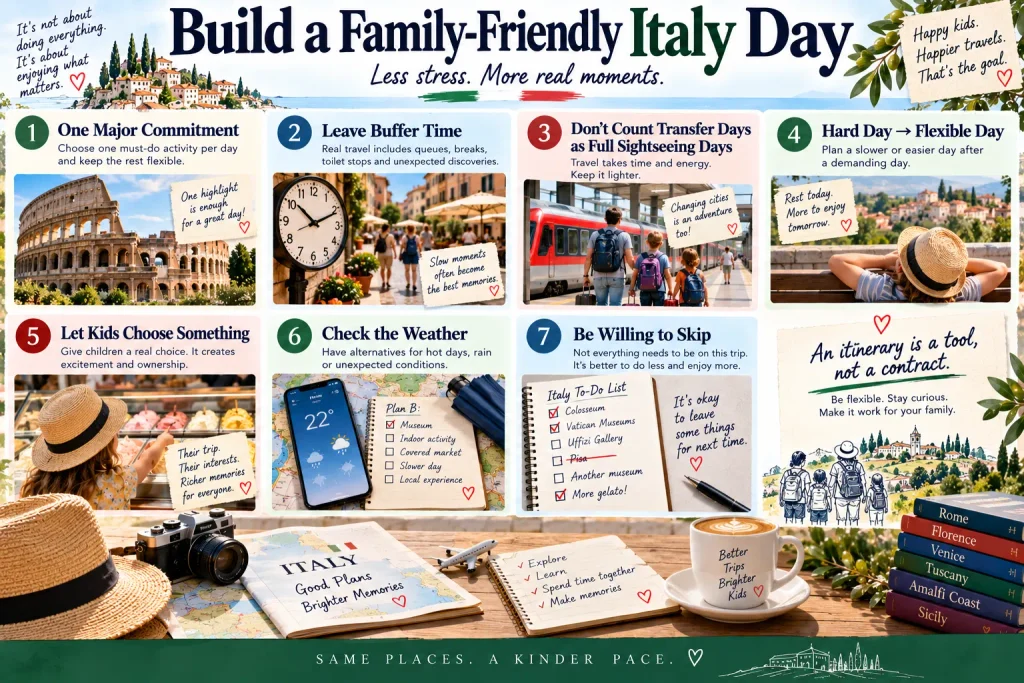 Italy family travel planning tips including one major activity, buffer time, lighter transfer days, flexible days and child choices