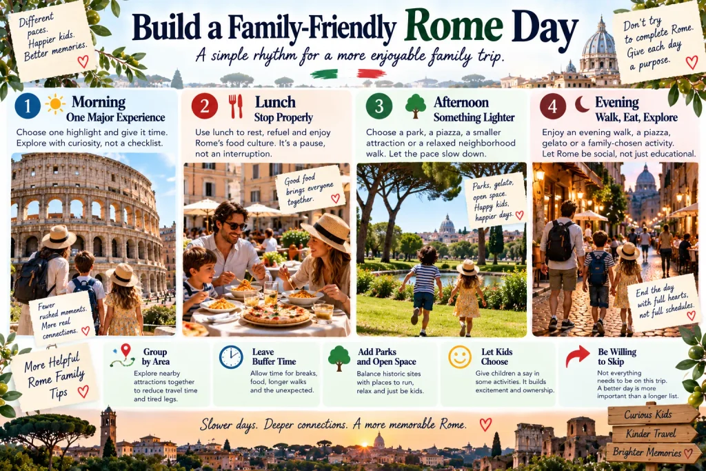 Family-friendly Rome day plan with one major morning attraction, proper lunch, relaxed afternoon and flexible evening with kids